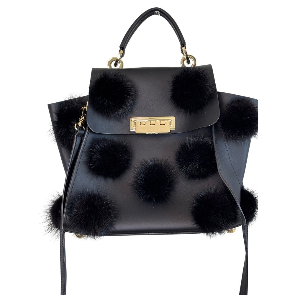 ZAC Zac Posen Eartha Iconic Convertible Backpack Black Leather Mink Fur Pom